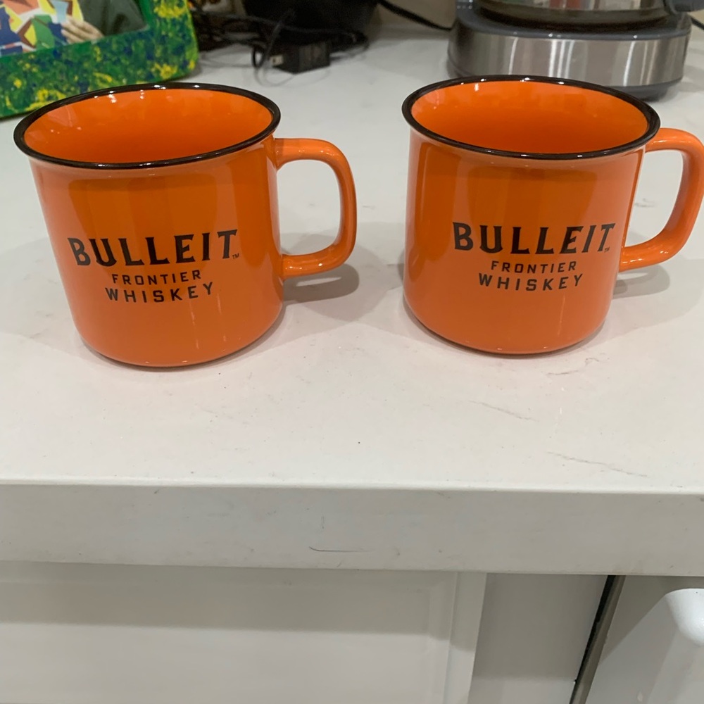 Bulleit Frontier Whiskey 2 Orange Enamel Dining Mugs Cups Black Rim